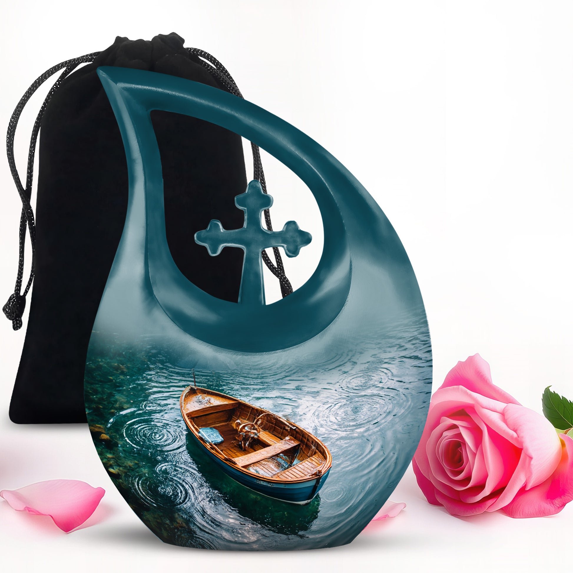 Soft Teal Boat Cremation Urn top-down view of secure threaded lid - cross and boat combined in spiritual memorial design - full-size 10 inch 200 cubic inch adult cremation urn