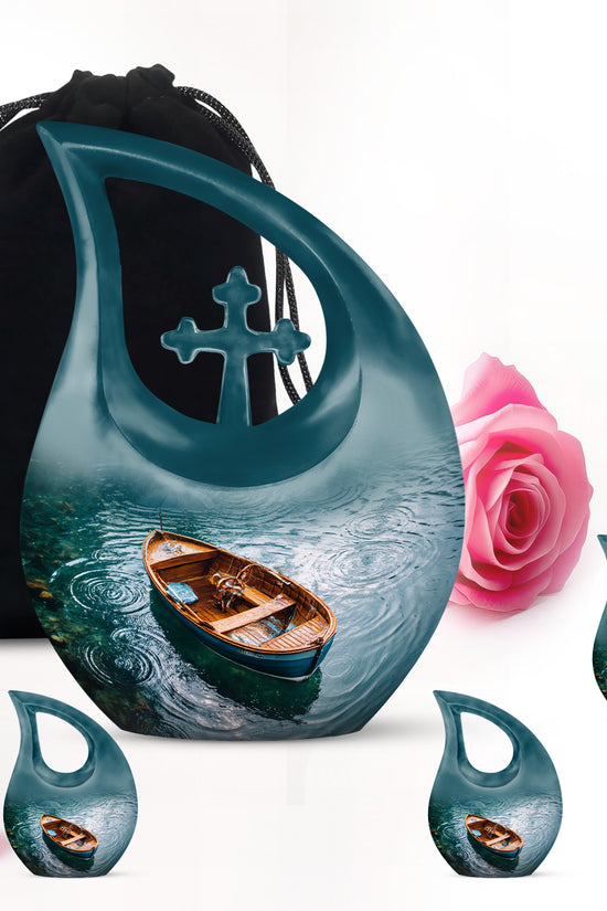 Vivid Teal Boat Cremation Urn urn with complimentary velvet bag - devotional cross-drop boat engraving - memorial set with one large and four small urns