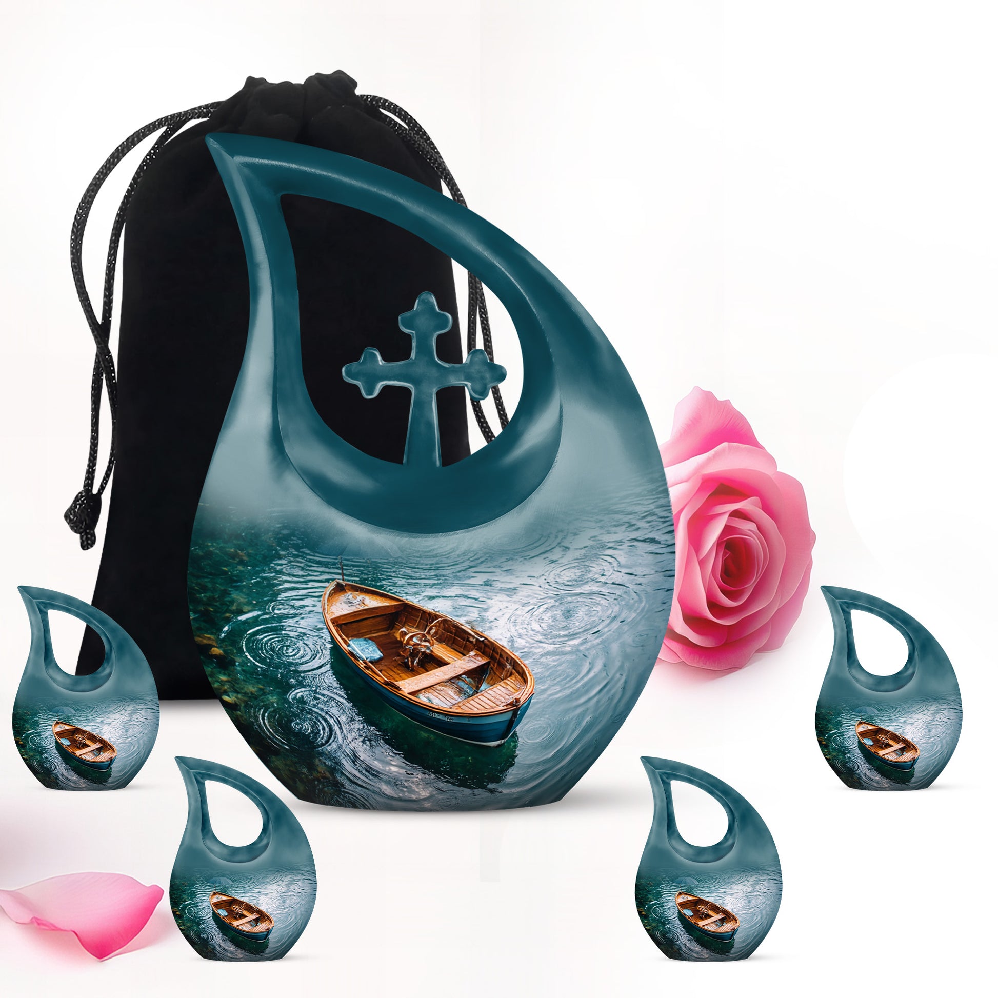 Vivid Teal Boat Cremation Urn urn with complimentary velvet bag - devotional cross-drop boat engraving - memorial set with one large and four small urns