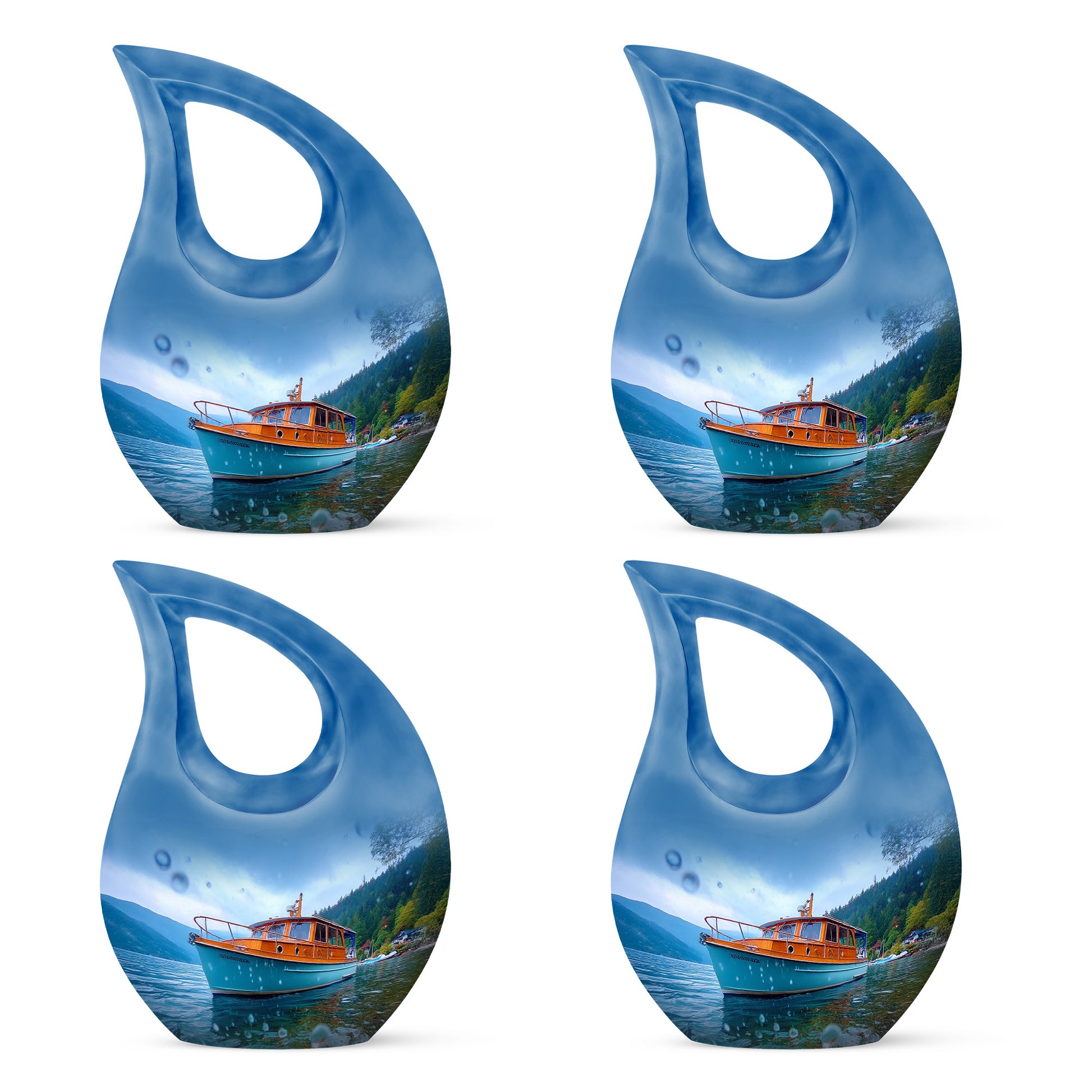 Pastel Blue Boat Cremation Urn lifestyle display on memorial shelf - sacred cross merged with boat motif on metal - 10 inch aluminum urn for cremated remains