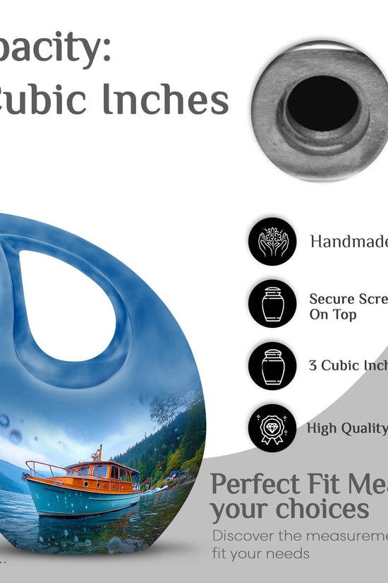 Calming Blue Boat Cremation Urn back view with polished surface - devotional cross-drop boat engraving - mini keepsake memorial for portion of cremation ashes
