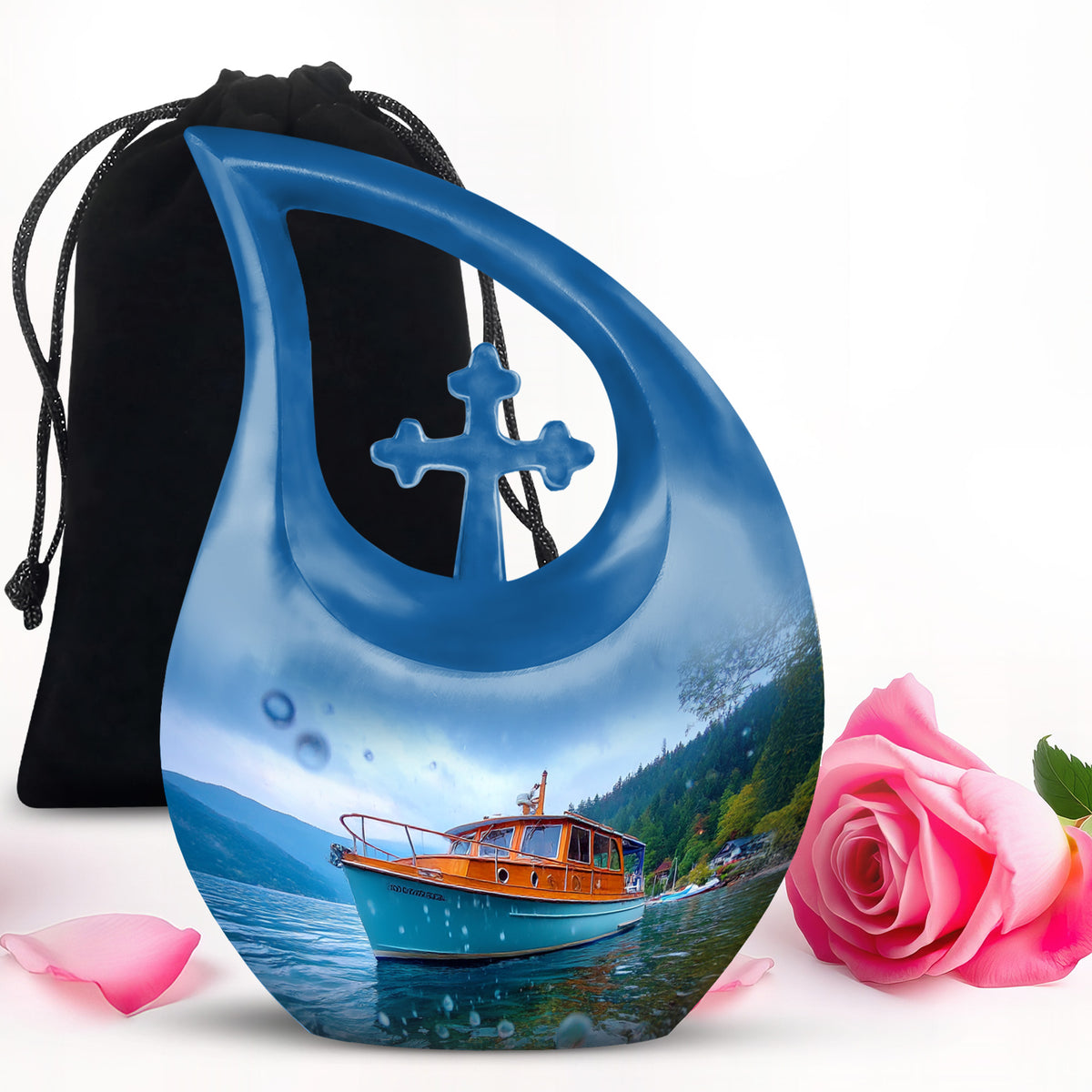 Celestial Blue Boat Cremation Urn top-down view of secure threaded lid - sacred cross merged with boat motif on metal - full-size 10 inch 200 cubic inch adult cremation urn