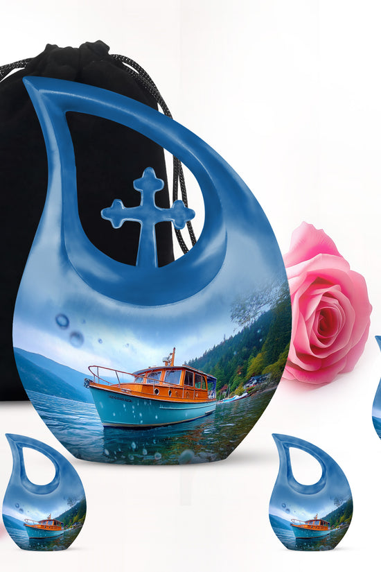 Azure Boat Cremation Urn urn with complimentary velvet bag - cross and boat combined in spiritual memorial design - memorial set with one large and four small urns