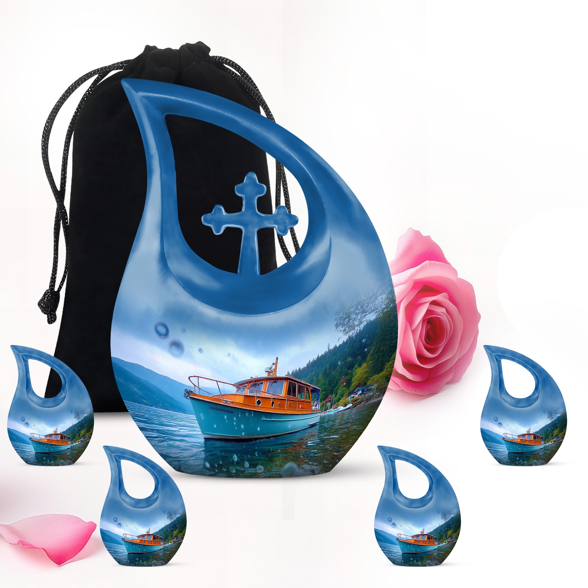 Azure Boat Cremation Urn urn with complimentary velvet bag - cross and boat combined in spiritual memorial design - memorial set with one large and four small urns