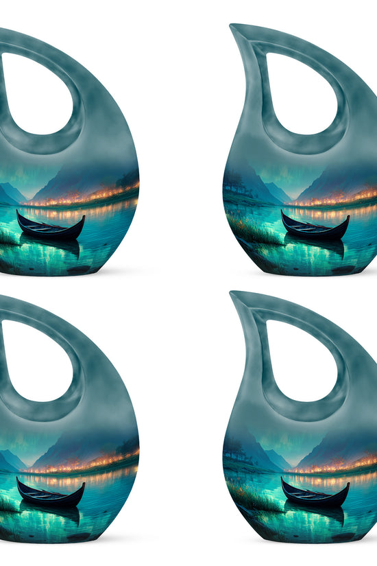 Mystic Teal Boat Cremation Urn lifestyle display on memorial shelf - devotional cross-drop boat engraving - 10 inch aluminum urn for cremated remains