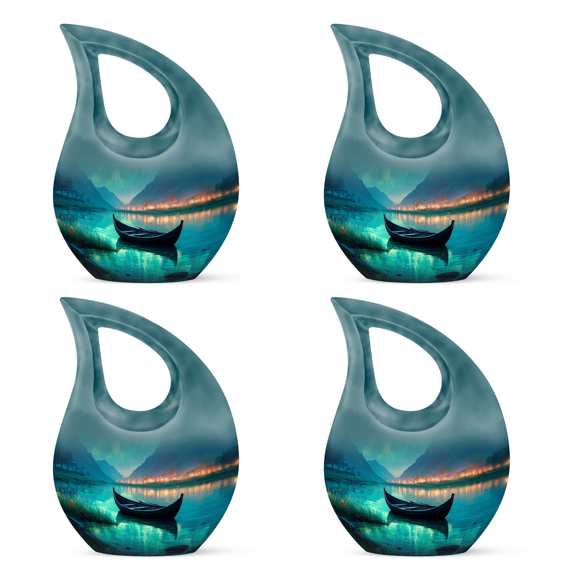 Mystic Teal Boat Cremation Urn lifestyle display on memorial shelf - devotional cross-drop boat engraving - 10 inch aluminum urn for cremated remains