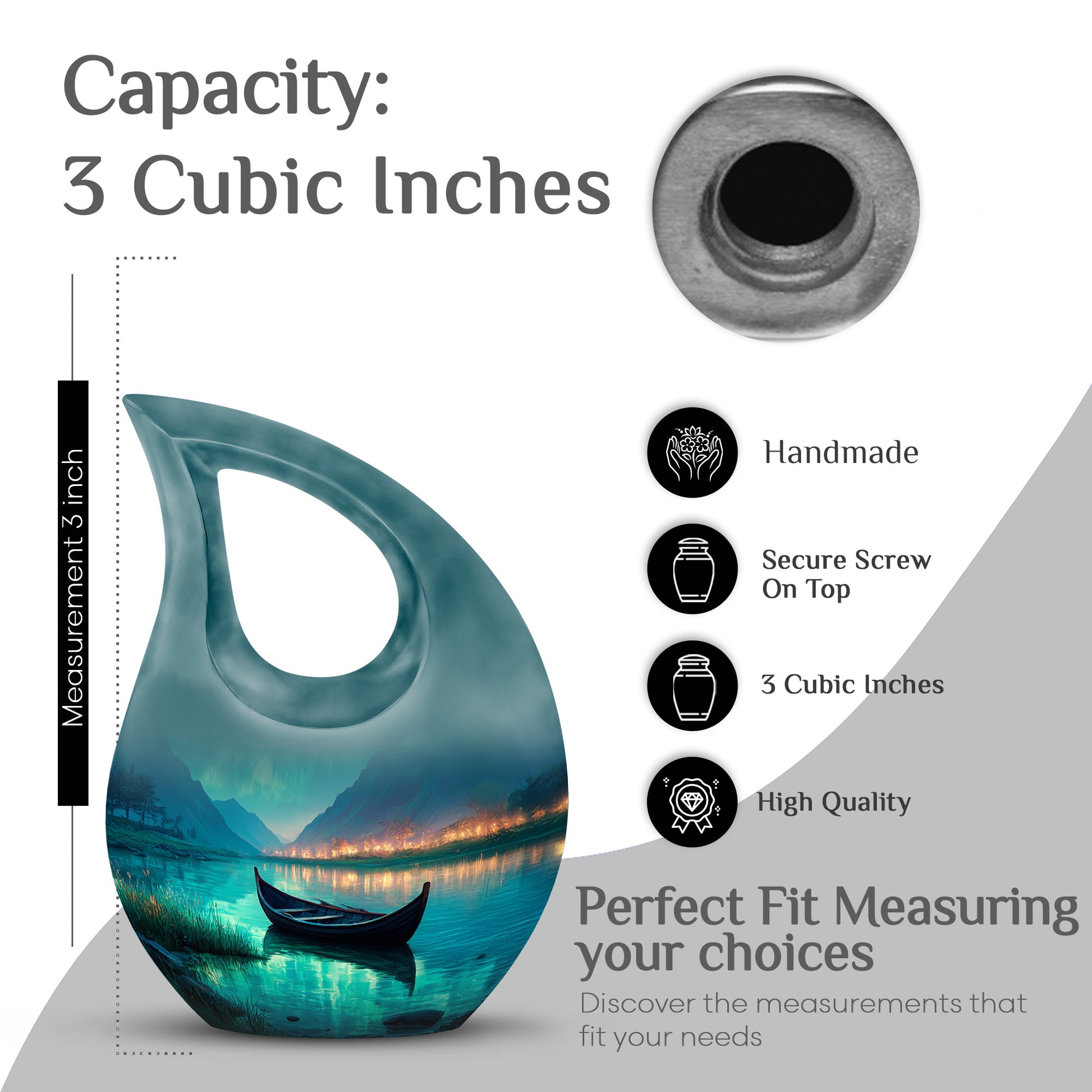 Vivid Teal Boat Cremation Urn back view with polished surface - devotional cross-drop boat engraving - mini keepsake memorial for portion of cremation ashes