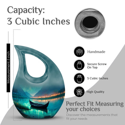 Vivid Teal Boat Cremation Urn back view with polished surface - devotional cross-drop boat engraving - mini keepsake memorial for portion of cremation ashes