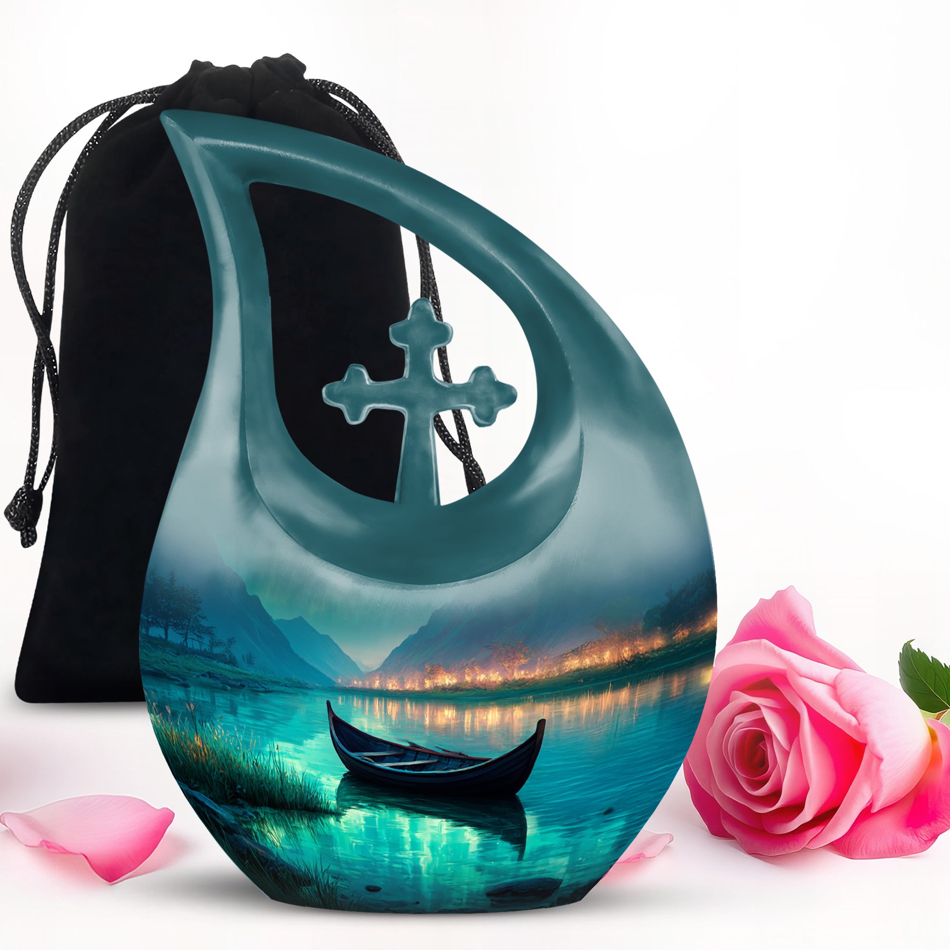 Tropical Teal Boat Cremation Urn top-down view of secure threaded lid - devotional cross-drop boat engraving - full-size 10 inch 200 cubic inch adult cremation urn