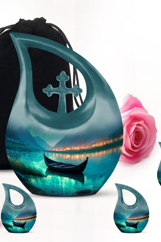 Aqua Teal Boat Cremation Urn urn with complimentary velvet bag - faith-inspired cross-drop urn with boat pattern - memorial set with one large and four small urns