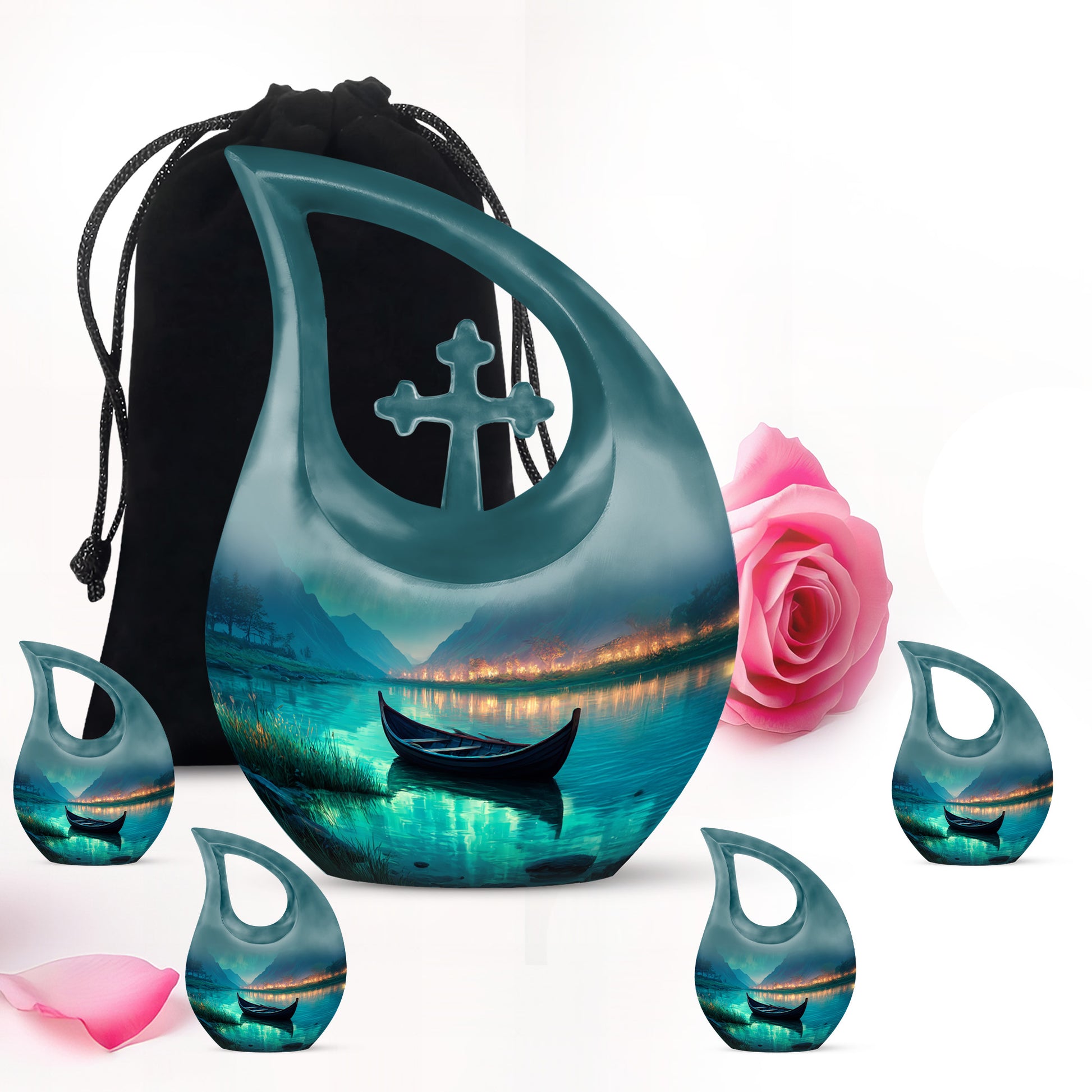 Aqua Teal Boat Cremation Urn urn with complimentary velvet bag - faith-inspired cross-drop urn with boat pattern - memorial set with one large and four small urns