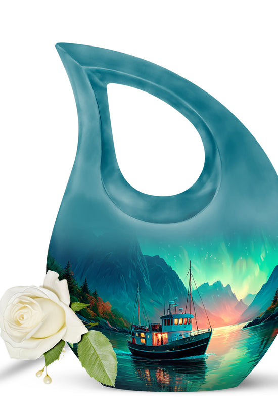 Luminous Teal Boat Honor Urn for Human Ashes - 10-inch, 200 cu in - Karyliz