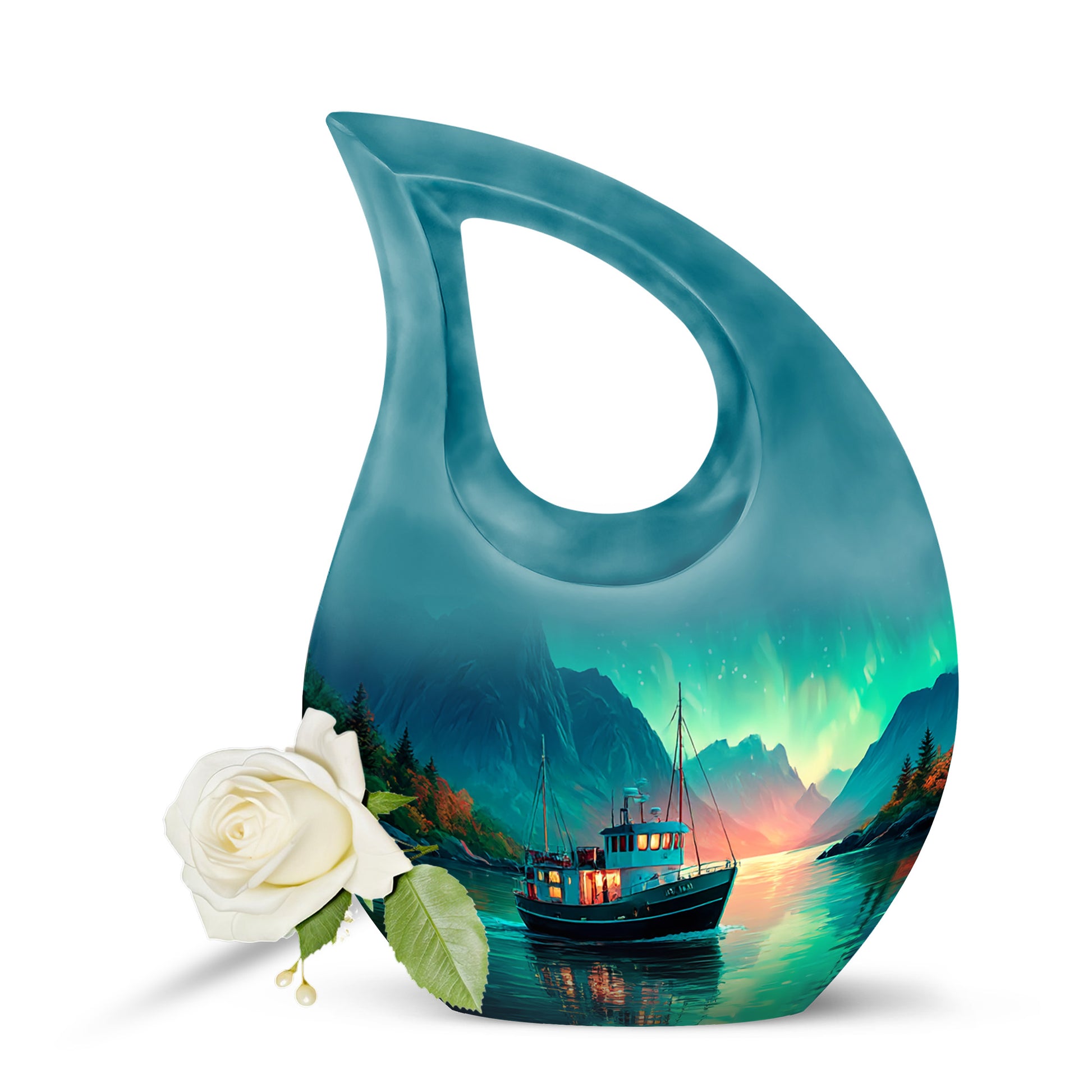 Luminous Teal Boat Honor Urn for Human Ashes - 10-inch, 200 cu in - Karyliz