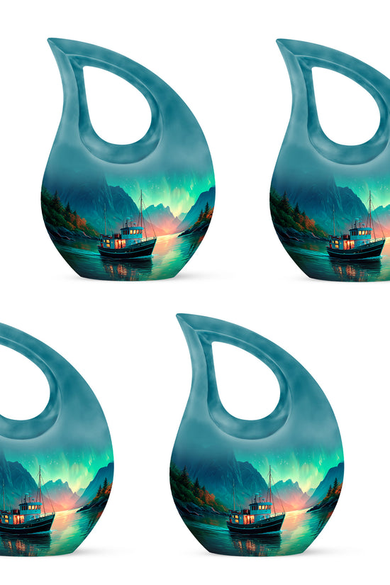 Tropical Teal Boat Cremation Urn lifestyle display on memorial shelf - faith-inspired cross-drop urn with boat pattern - 10 inch aluminum urn for cremated remains