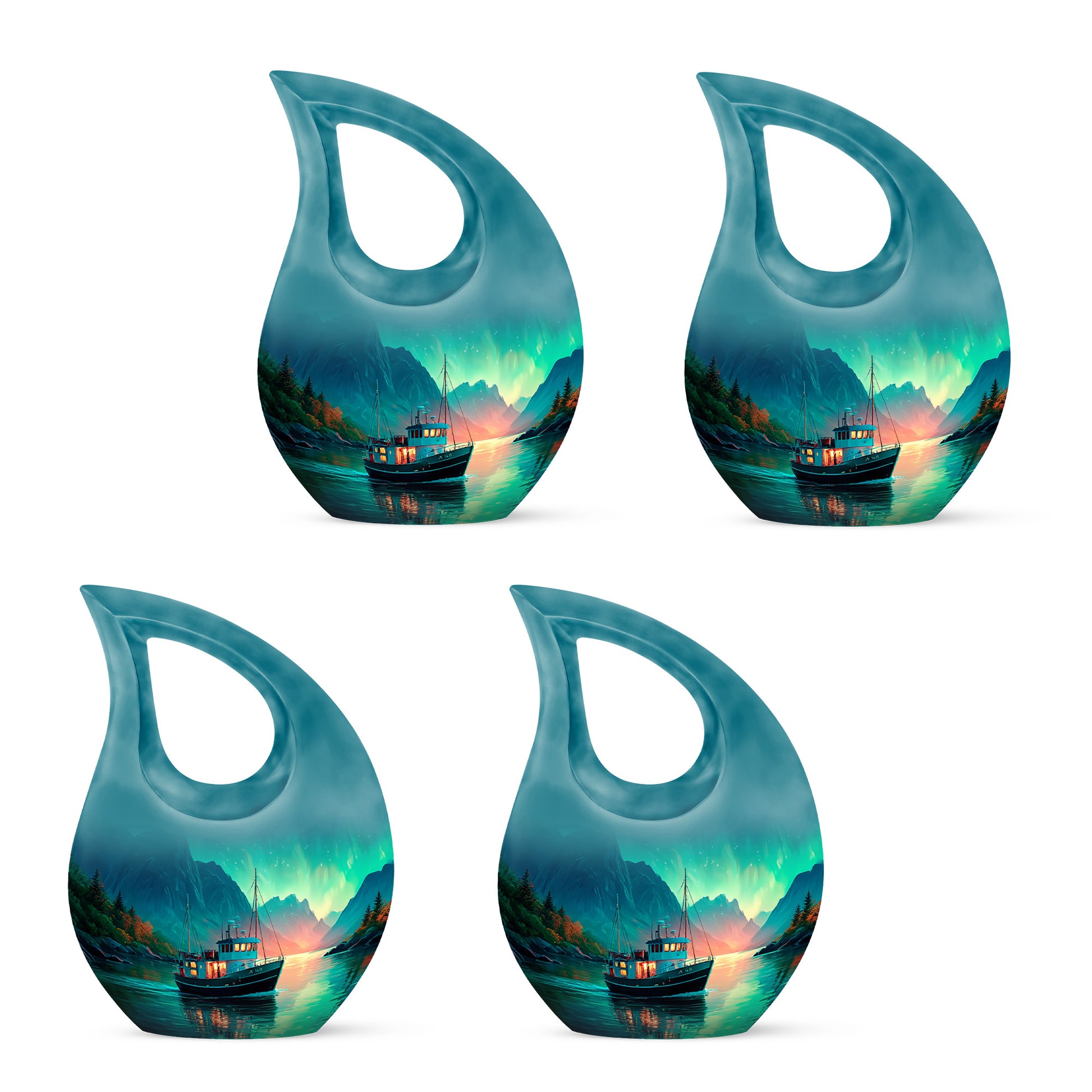 Tropical Teal Boat Cremation Urn lifestyle display on memorial shelf - faith-inspired cross-drop urn with boat pattern - 10 inch aluminum urn for cremated remains