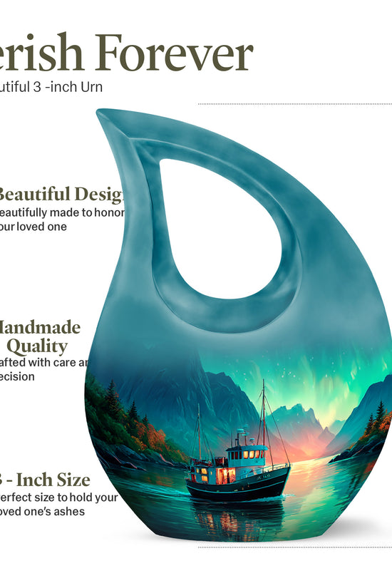 Sea Green Teal Boat Cremation Urn back view with polished surface - sacred cross merged with boat motif on metal - mini keepsake memorial for portion of cremation ashes