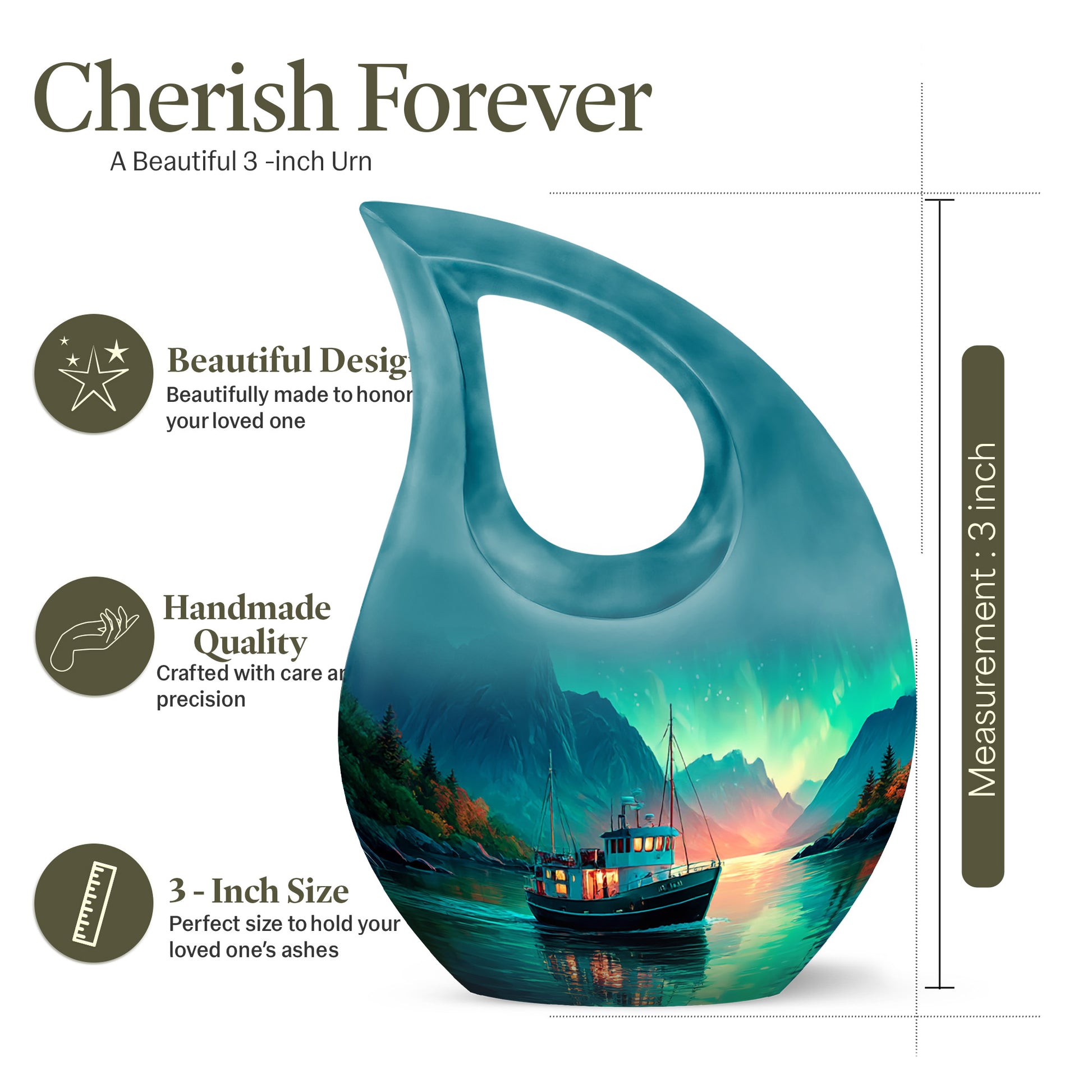 Sea Green Teal Boat Cremation Urn back view with polished surface - sacred cross merged with boat motif on metal - mini keepsake memorial for portion of cremation ashes