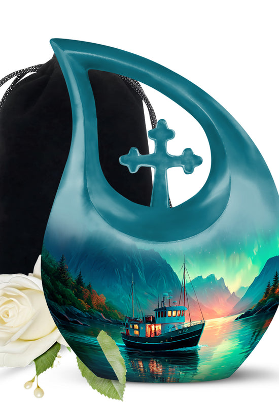 Aqua Teal Boat Cremation Urn top-down view of secure threaded lid - devotional cross-drop boat engraving - full-size 10 inch 200 cubic inch adult cremation urn