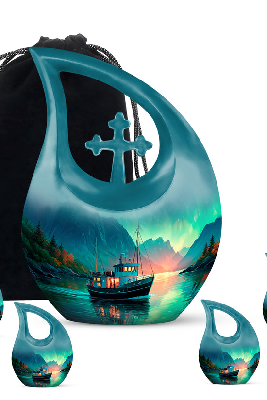 Tropical Teal Boat Cremation Urn urn with complimentary velvet bag - faith-inspired cross-drop urn with boat pattern - memorial set with one large and four small urns