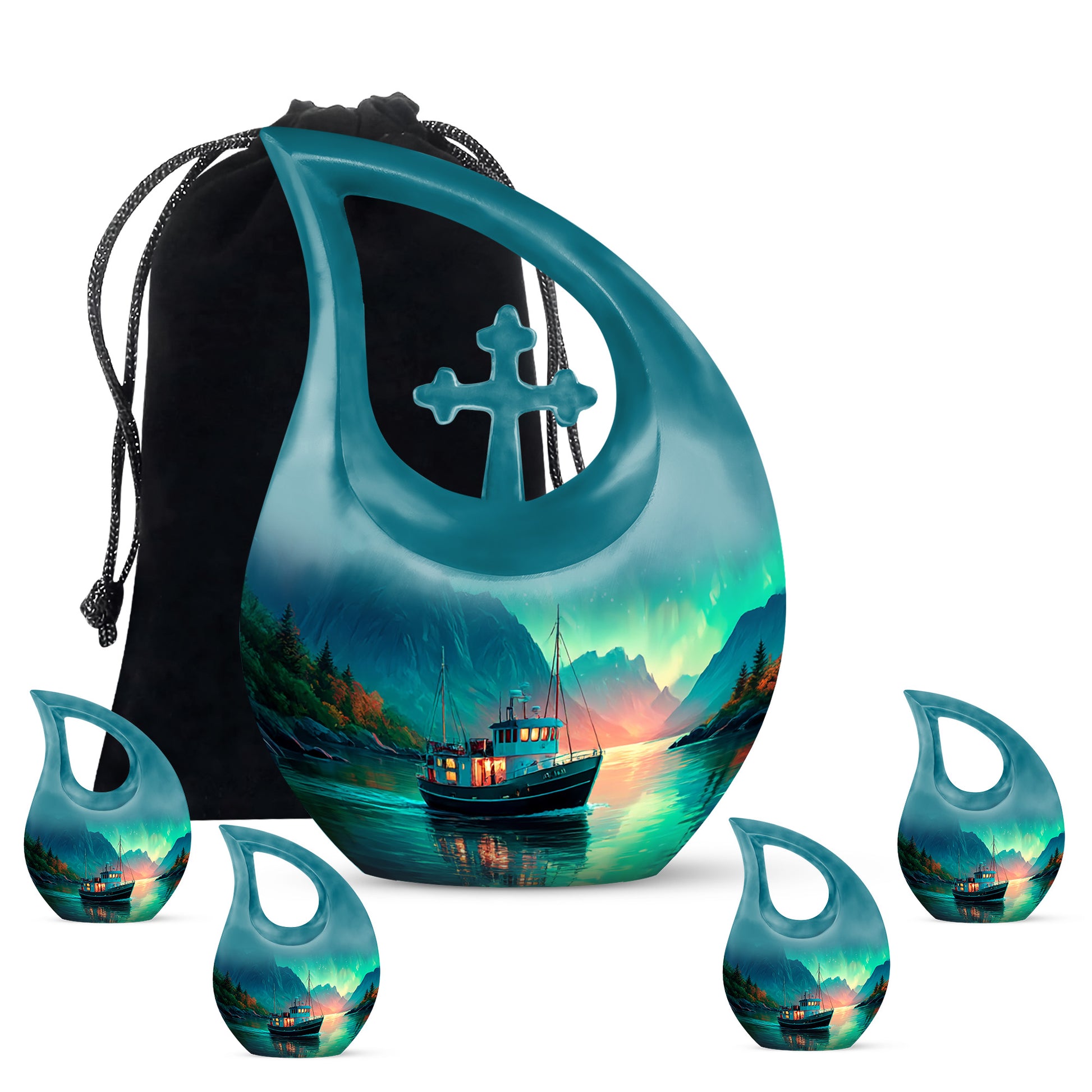 Tropical Teal Boat Cremation Urn urn with complimentary velvet bag - faith-inspired cross-drop urn with boat pattern - memorial set with one large and four small urns