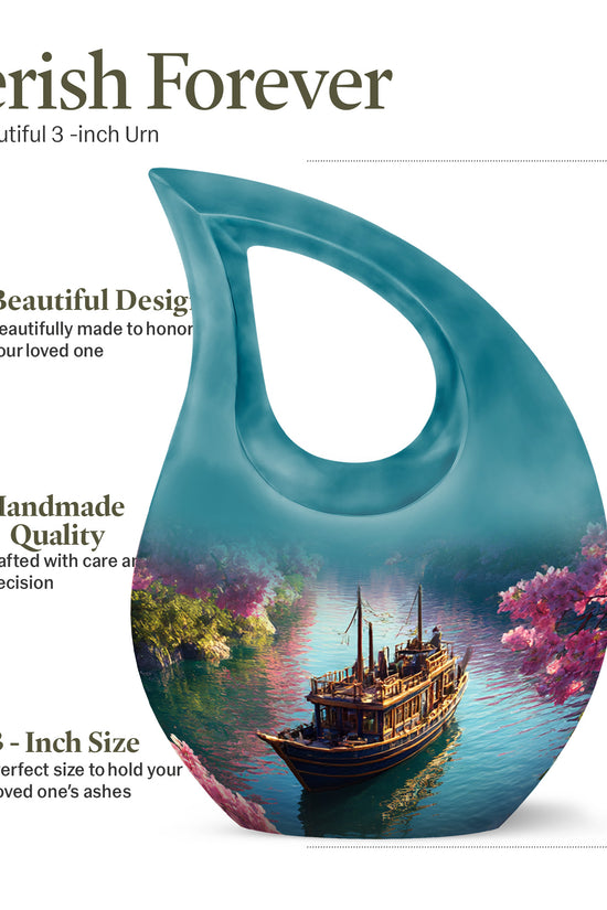 Peony Pink Boat Cremation Urn back view with polished surface - cross and boat combined in spiritual memorial design - mini keepsake memorial for portion of cremation ashes