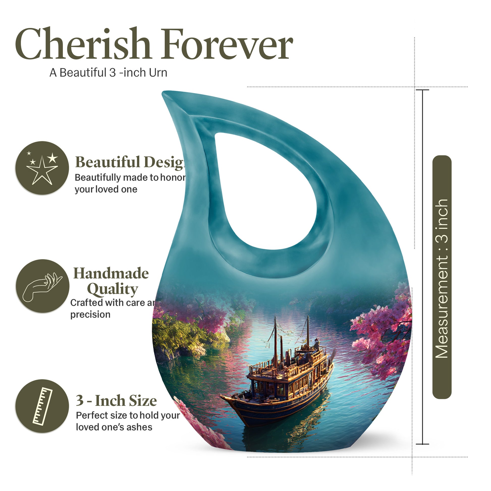 Peony Pink Boat Cremation Urn back view with polished surface - cross and boat combined in spiritual memorial design - mini keepsake memorial for portion of cremation ashes