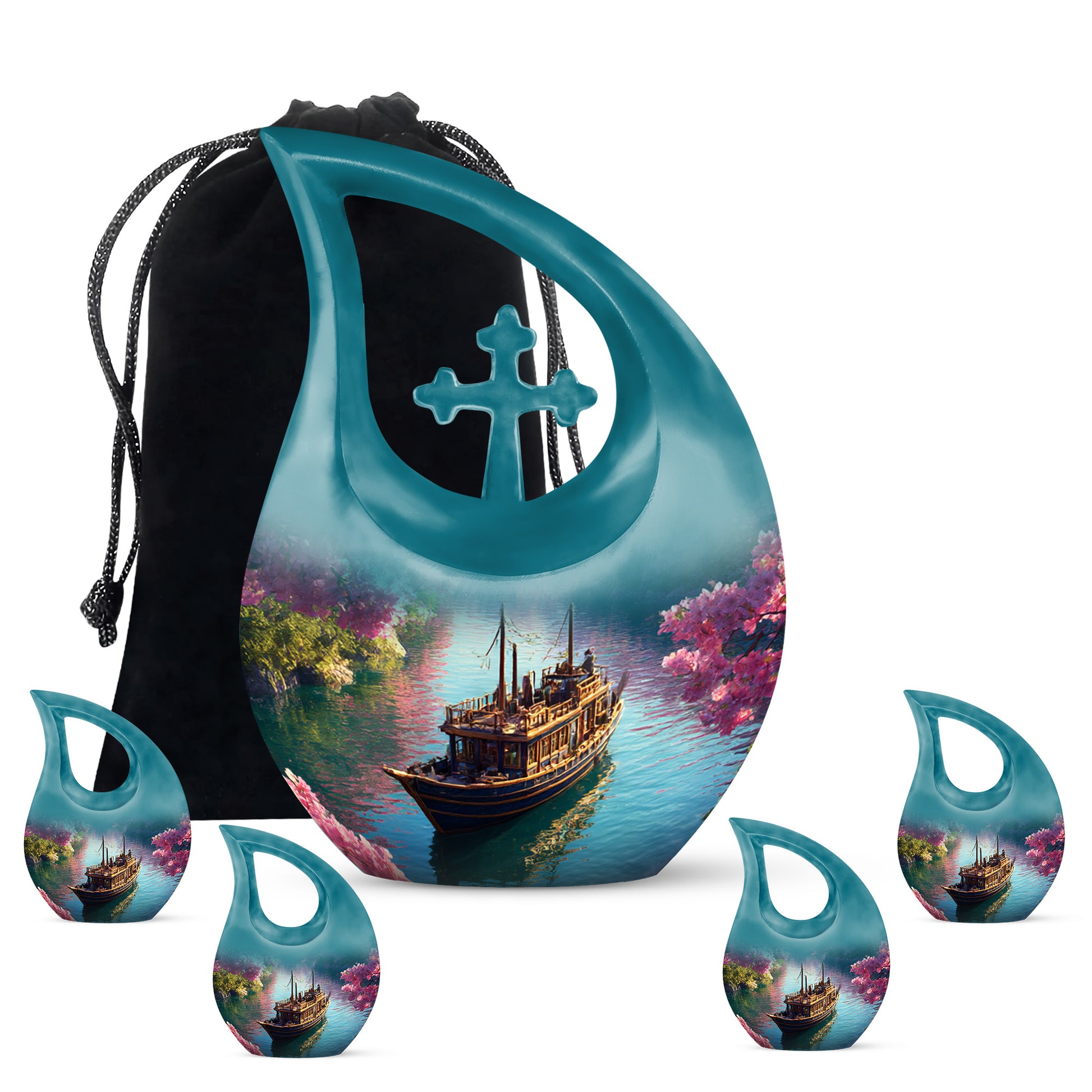 Petal Pink Boat Cremation Urn urn with complimentary velvet bag - faith-inspired cross-drop urn with boat pattern - memorial set with one large and four small urns