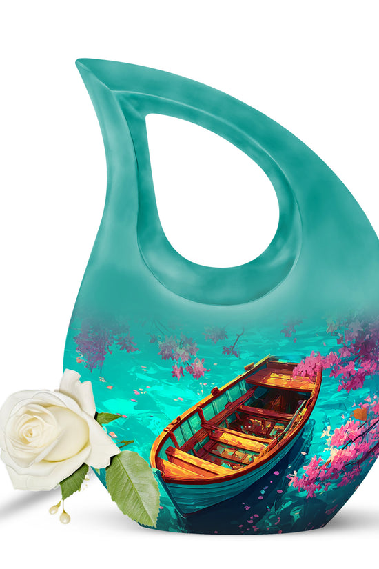 Teal Beloved Boat Cremation Urns for Human Ashes - 10-inch, 200 cu in - Karyliz