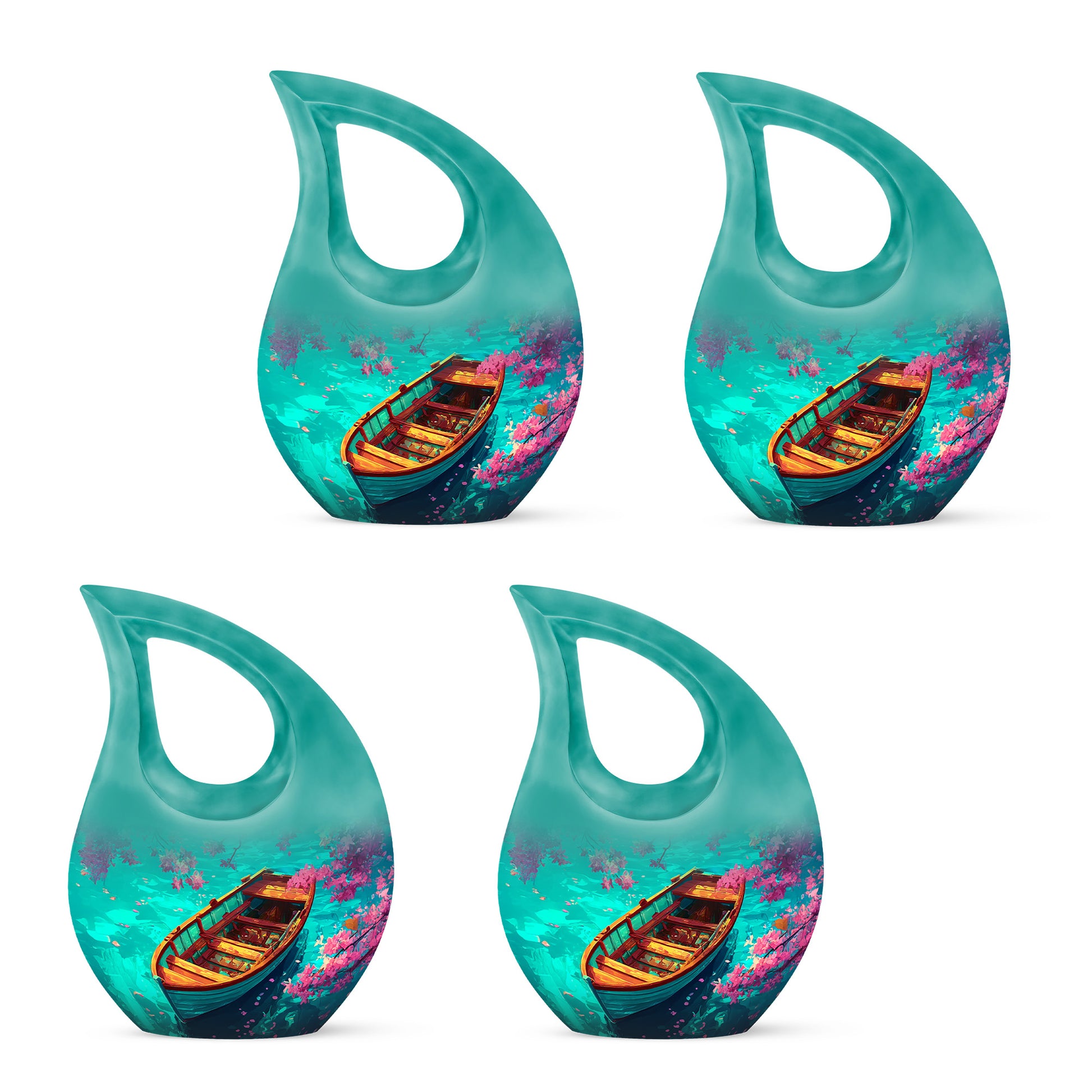 Sea Green Teal Boat Cremation Urn lifestyle display on memorial shelf - sacred cross merged with boat motif on metal - 10 inch aluminum urn for cremated remains