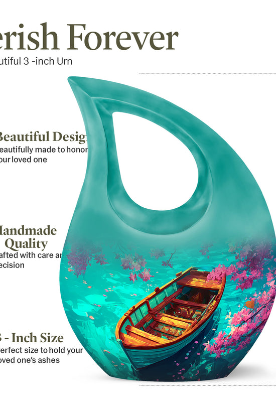 Tropical Teal Boat Cremation Urn back view with polished surface - faith-inspired cross-drop urn with boat pattern - mini keepsake memorial for portion of cremation ashes