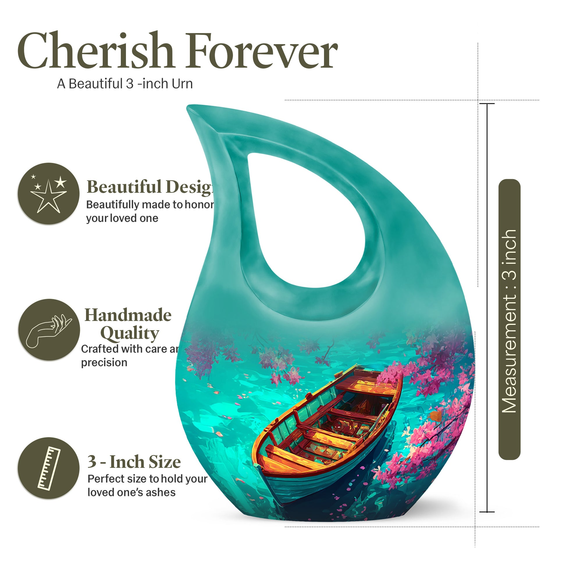 Tropical Teal Boat Cremation Urn back view with polished surface - faith-inspired cross-drop urn with boat pattern - mini keepsake memorial for portion of cremation ashes