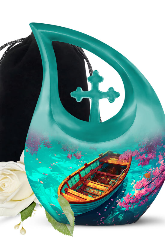 Mystic Teal Boat Cremation Urn top-down view of secure threaded lid - faith-inspired cross-drop urn with boat pattern - full-size 10 inch 200 cubic inch adult cremation urn