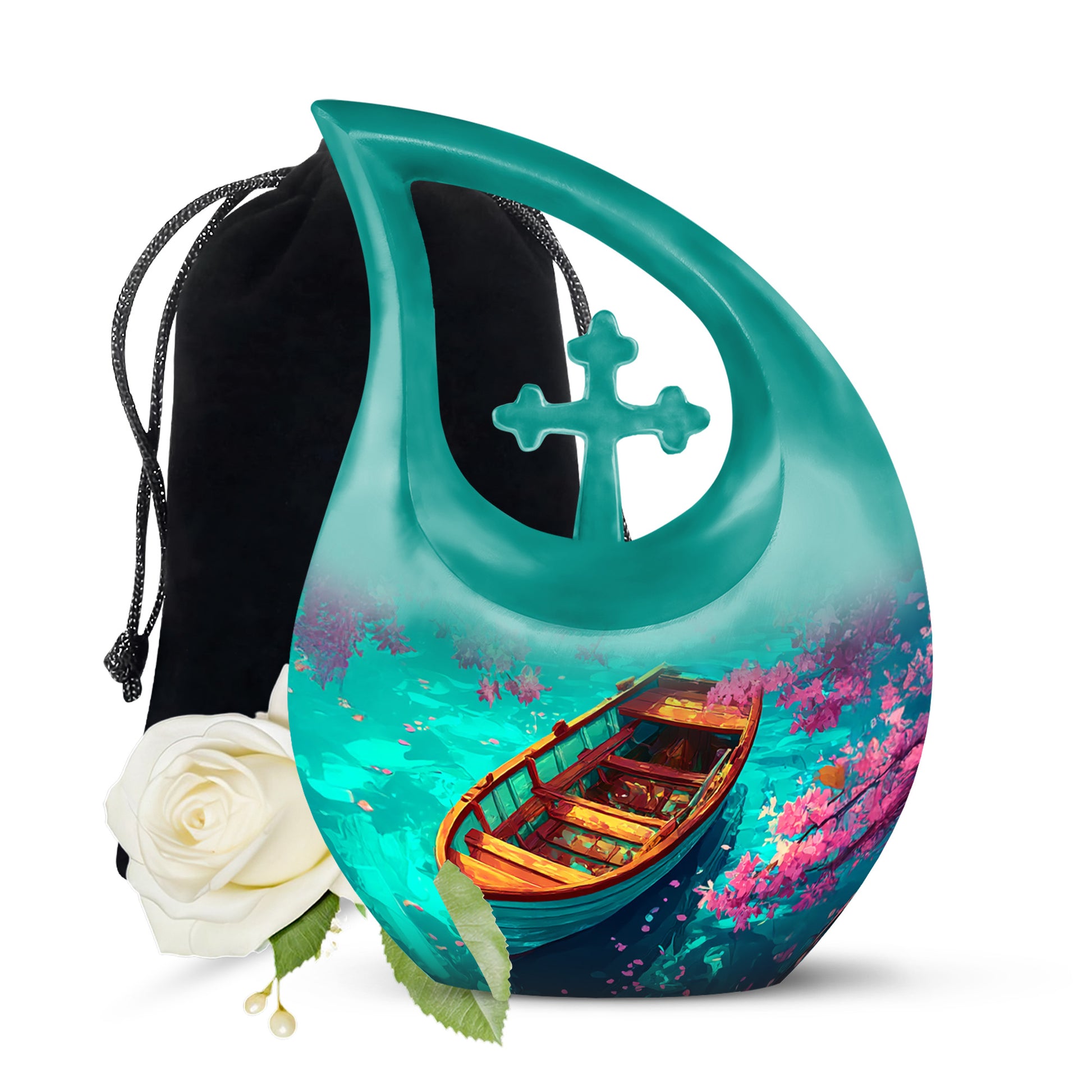 Mystic Teal Boat Cremation Urn top-down view of secure threaded lid - faith-inspired cross-drop urn with boat pattern - full-size 10 inch 200 cubic inch adult cremation urn