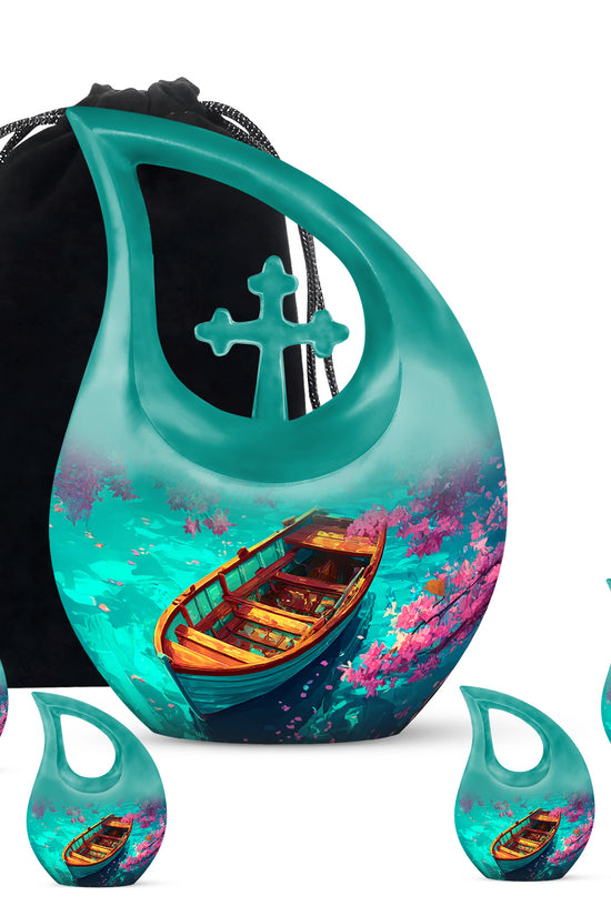 Jewel Teal Boat Cremation Urn urn with complimentary velvet bag - cross and boat combined in spiritual memorial design - memorial set with one large and four small urns
