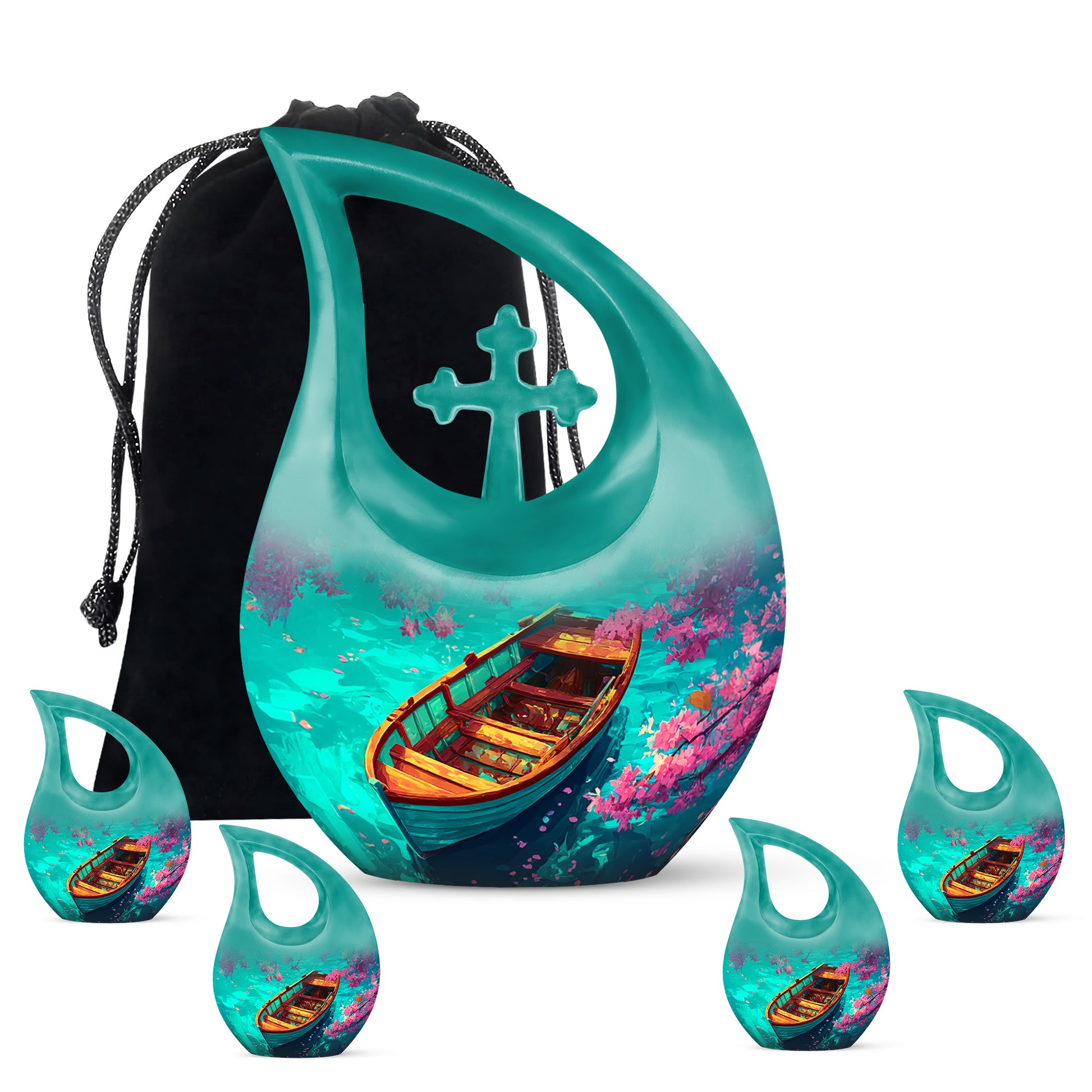 Jewel Teal Boat Cremation Urn urn with complimentary velvet bag - cross and boat combined in spiritual memorial design - memorial set with one large and four small urns