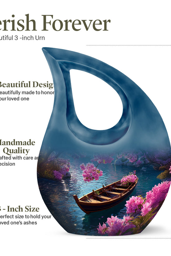 Misty Blue Boat Cremation Urn back view with polished surface - cross and boat combined in spiritual memorial design - mini keepsake memorial for portion of cremation ashes