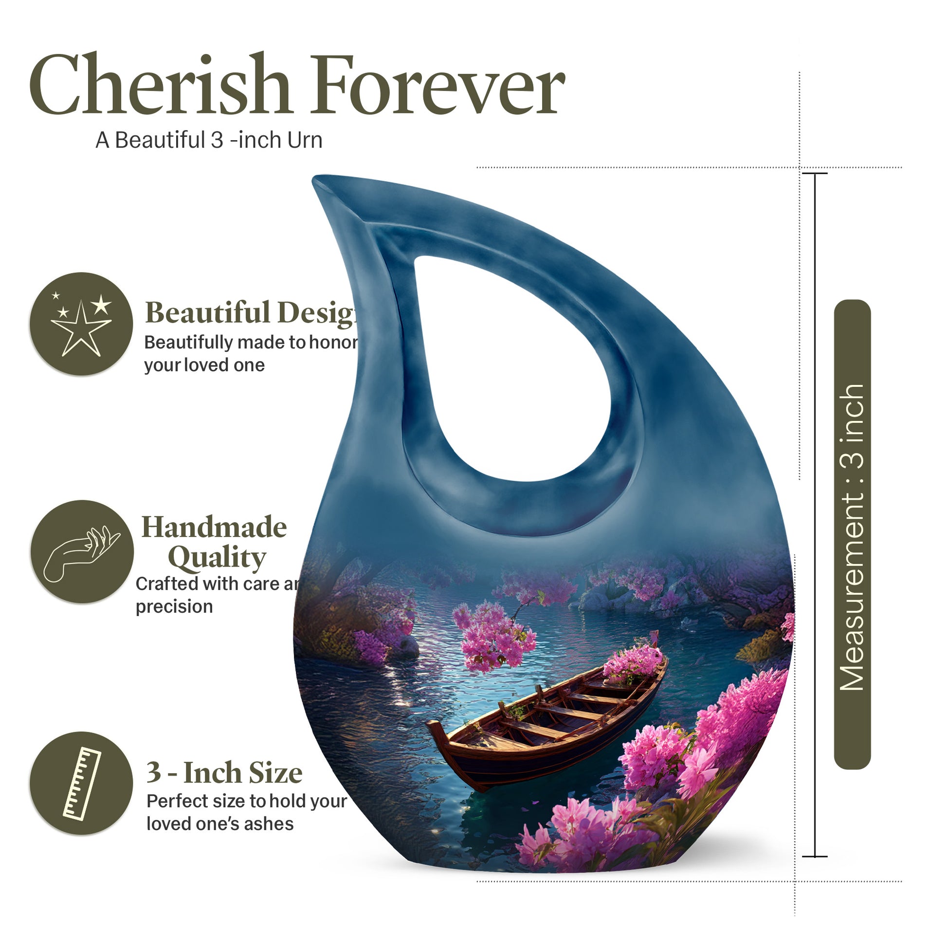 Misty Blue Boat Cremation Urn back view with polished surface - cross and boat combined in spiritual memorial design - mini keepsake memorial for portion of cremation ashes