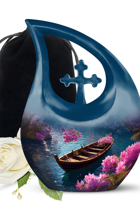 Calming Blue Boat Cremation Urn top-down view of secure threaded lid - devotional cross-drop boat engraving - full-size 10 inch 200 cubic inch adult cremation urn