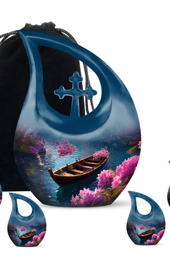 Twilight Blue Boat Cremation Urn urn with complimentary velvet bag - faith-inspired cross-drop urn with boat pattern - memorial set with one large and four small urns