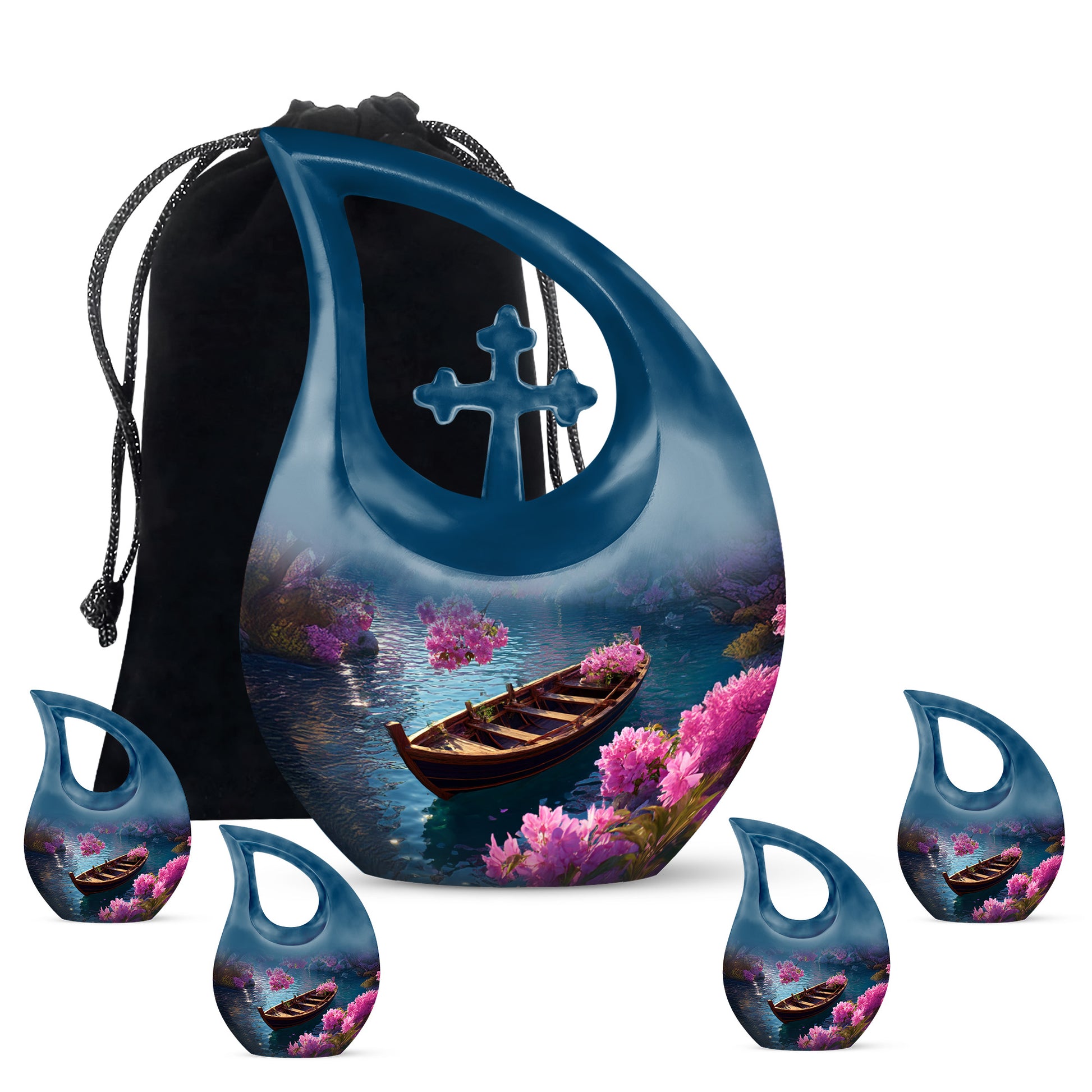 Twilight Blue Boat Cremation Urn urn with complimentary velvet bag - faith-inspired cross-drop urn with boat pattern - memorial set with one large and four small urns