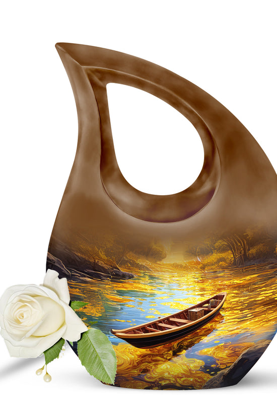 Inspiring Gold Boat Benediction Urn for Human Ashes - 10-inch, 200 cu in - Karyliz