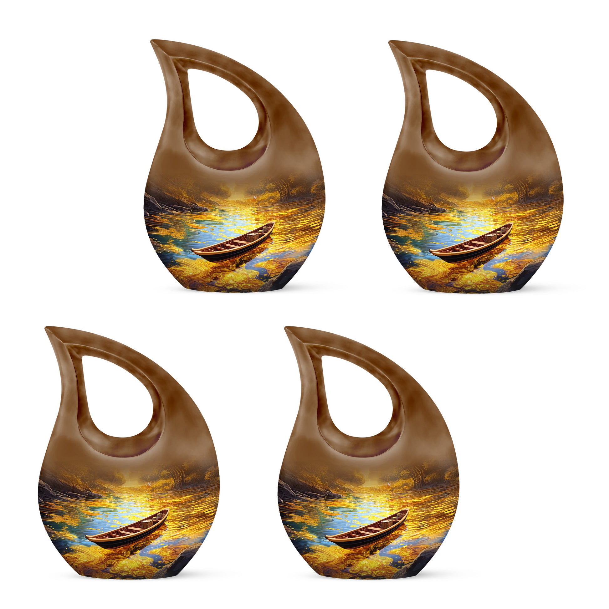 Antique Gold Boat Cremation Urn lifestyle display on memorial shelf - sacred cross merged with boat motif on metal - 10 inch aluminum urn for cremated remains