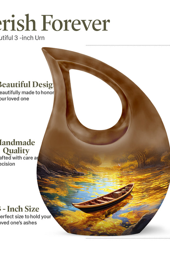 Gilded Gold Boat Cremation Urn back view with polished surface - sacred cross merged with boat motif on metal - mini keepsake memorial for portion of cremation ashes