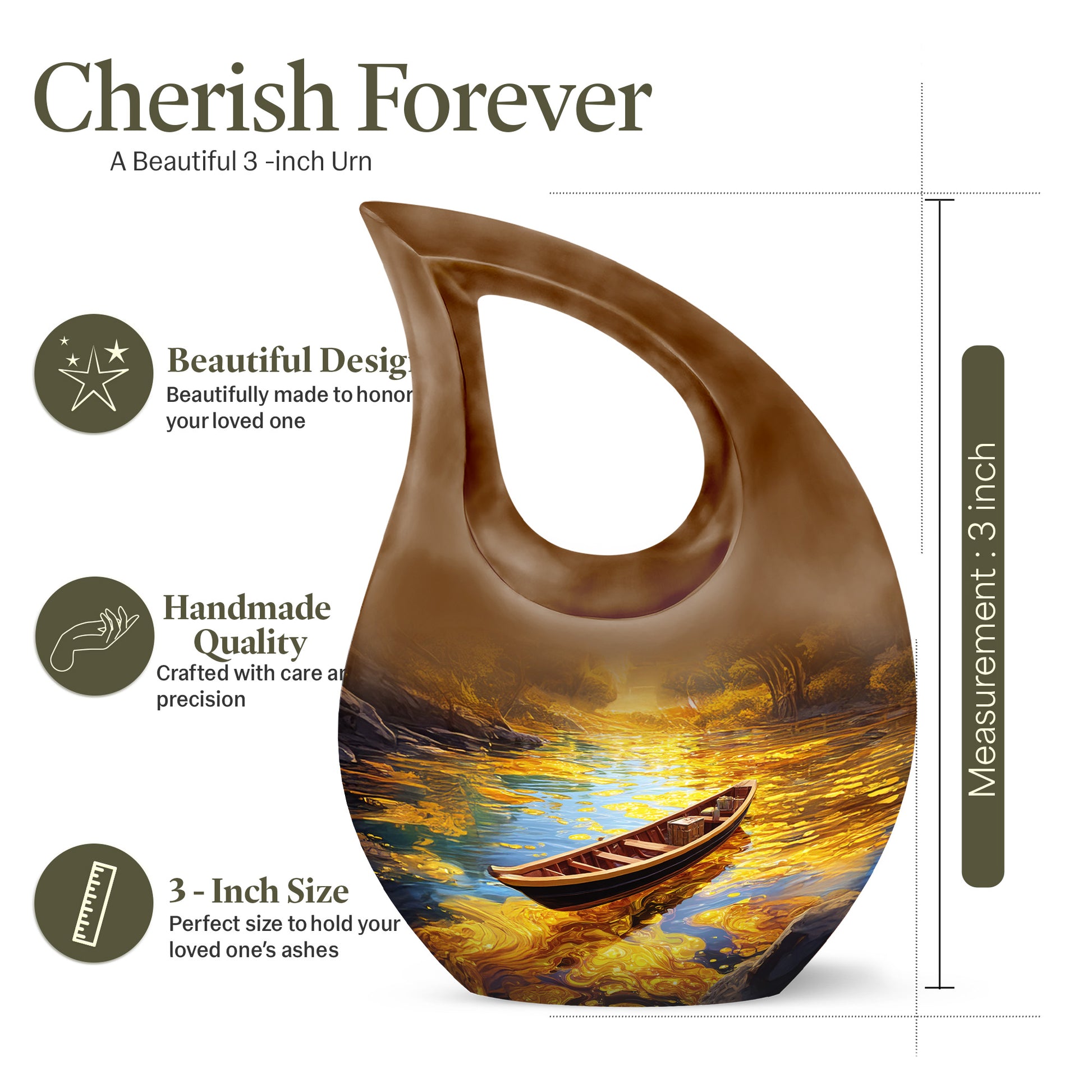 Gilded Gold Boat Cremation Urn back view with polished surface - sacred cross merged with boat motif on metal - mini keepsake memorial for portion of cremation ashes