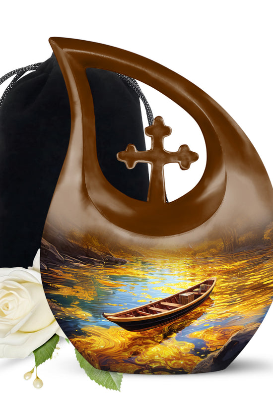 Gilded Gold Boat Cremation Urn top-down view of secure threaded lid - sacred cross merged with boat motif on metal - full-size 10 inch 200 cubic inch adult cremation urn
