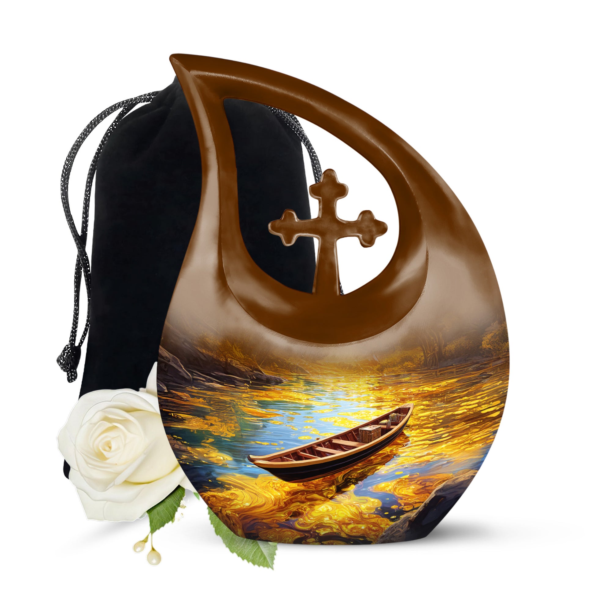 Gilded Gold Boat Cremation Urn top-down view of secure threaded lid - sacred cross merged with boat motif on metal - full-size 10 inch 200 cubic inch adult cremation urn