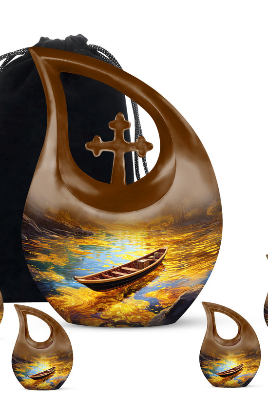 Burnished Gold Boat Cremation Urn urn with complimentary velvet bag - devotional cross-drop boat engraving - memorial set with one large and four small urns