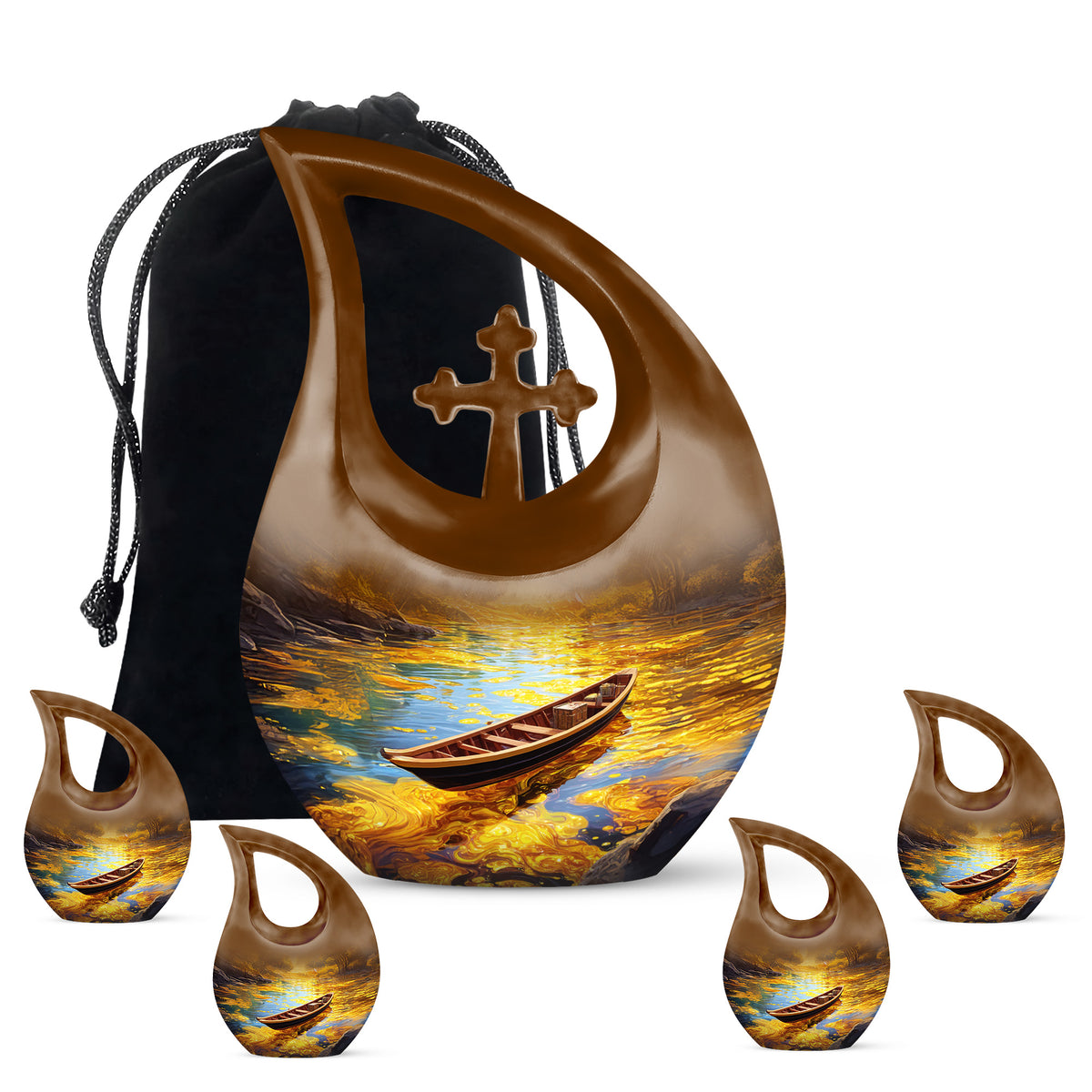 Burnished Gold Boat Cremation Urn urn with complimentary velvet bag - devotional cross-drop boat engraving - memorial set with one large and four small urns