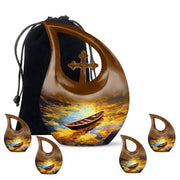 Burnished Gold Boat Cremation Urn urn with complimentary velvet bag - devotional cross-drop boat engraving - memorial set with one large and four small urns