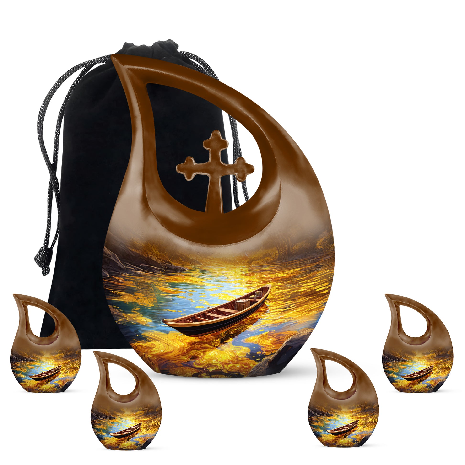 Burnished Gold Boat Cremation Urn urn with complimentary velvet bag - devotional cross-drop boat engraving - memorial set with one large and four small urns